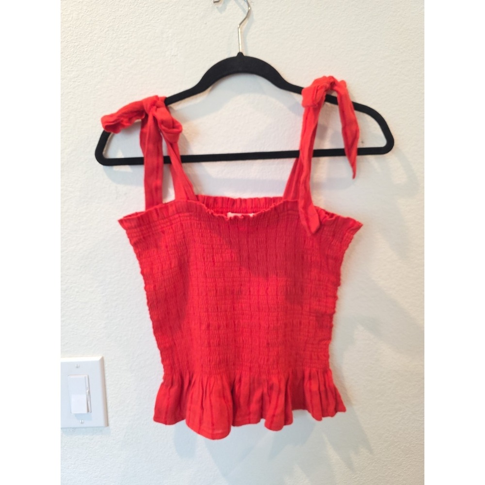 Billabong Women's Smocked Top Sz L Shoulder Ties Ruffle Hem Red Boho Festival